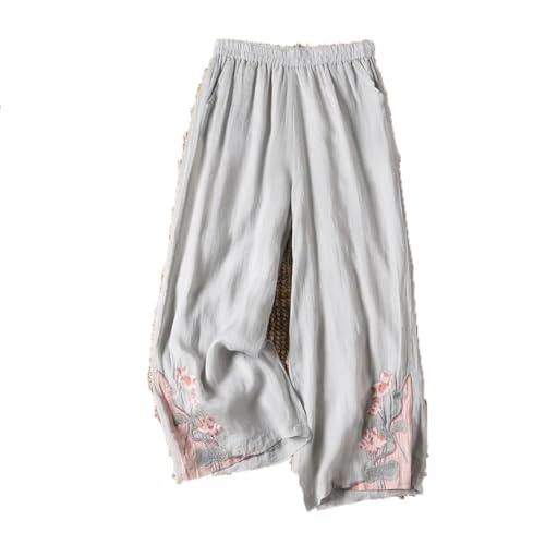 Women's Summer Chinese Loose Fit Embroidered Casual Pants Vintage Bell Bottoms Trouser