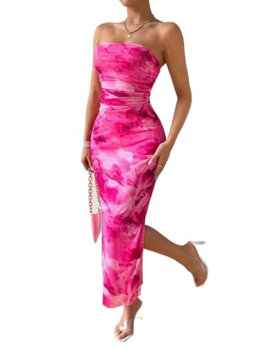 Women's Mesh Floral Strapless Bodycon Maxi Dress Ruched Long Tube Dresses Summe Sexy Party Club Dress Y2K Dresses