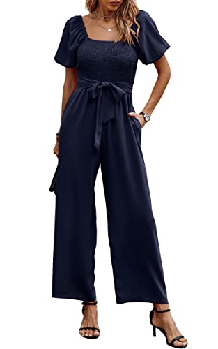 Angashion Women's Jumpsuits Square Neck Puff Short Sleeve Smocked Waist Wide Leg Outfit Rompers Playsuit With Belt Pocketsnavy Bluelarge #TOP11