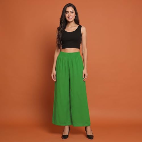 Image of FASHION GALLERY Women's Solid Rayon Palazzo Pants | Relaxed Fit Full Length Wide Leg Palazzo | Elastic Waist Comfortable Casual Lounge Office Ethnic Flared Trousers for Women