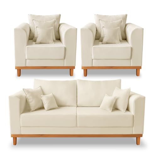 Kit Sofá 3 Lugares e Poltronas Sala de Estar Beny Suede Bege Madeira Prima Deccor