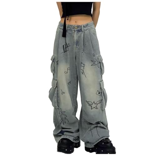 Teen Girls Baggy Y2k Jeans Low Waist Pattern Print Wide Leg Denim Pants Casual Vintage Fashion Aesthetic Streetwear