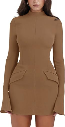 BUNSLOOM Damen Bodycon Kleid Langarm Mini Kleid mit Stehkragen Figurbetontes Partykleid Enges Kleid Elegant Kurz