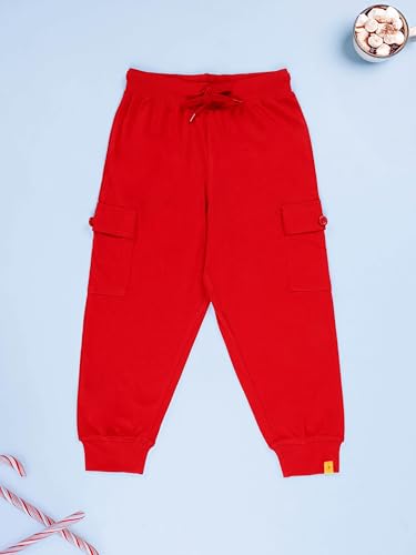 Image of KiddoPanti Boys Cotton Joggers | 100% Cotton Single Jersey | 2 Side Cargo Pockets with Flap | Elasticated Waist Band with Functional Drawcord | Soft & Breathable Track Pants