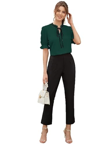 Image of Stylistico Soft Polyester Formal Stylish tie-up Office Solid Western Summer Short v-Neck Casual Plain Puff Half Sleeves Tops for Women Latest