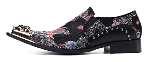 Santimon Mens Dress Loafers Floral Embroidered Leather Slip On Sequin Pointed Dragon Metal Tip Smoking Style Wedding Party Shoes3