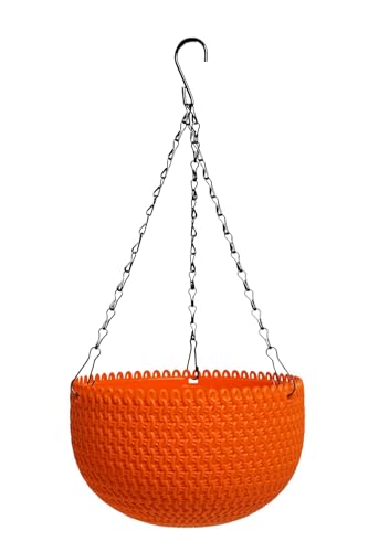 Image of EcoEverGreen Set of 2 Plastic Hanging Planters with Chain| Round Flower Pots for Indoor & Outdoor Gardening | Lightweight & Durable Decorative Hanging Baskets for Balcony, Garden (Orange, 7INCH)