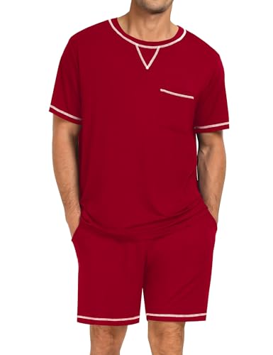 Image of SWOMOG Mens Pajamas Set Summer Sleepwear Short Sleeve Pjs Set Soft 2 Piece Lounge Set Comfy Loungewear with Pockets