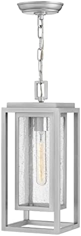Hinkley Republic Medium Hanging Outdoor Lantern, Composite, Clear Seedy Glass Panes, Anti-Fading Finish, Satin Nickel Finish