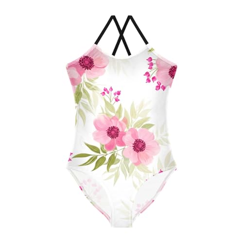 CHIFIGNO Flowers Pink White Toddler Swimsuit Girl Quick Dry Crossback Girls 1 Piece Swimsuit 3T