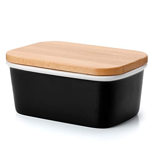 Sweese 301112 Large Butter Dish - Porcelain Keeper with Beech Wooden Lid Perfect for 2 Sticks of Butter Black