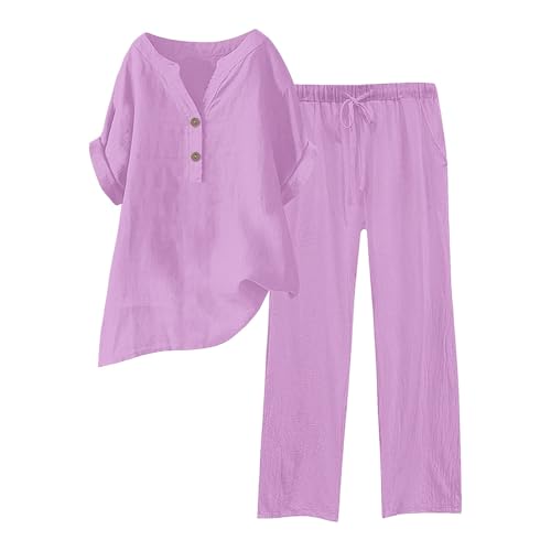Ensemble 2 pièces en coton et lin rose taille S pour femme