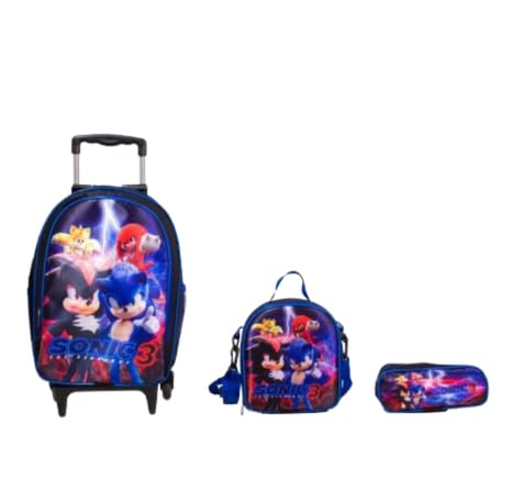 'Mochila Escolar Infantil Masculina com rodinhas, reforçadas e marcantes. Design moderno, ideal para meninos. Prática, com compartimentos grandes e resistentes (Kit Sonic 3)