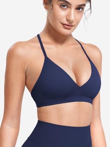 Image of YEOREO CoreFlex Sports Bras for Women Strappy Padded Halter Open Back Light Impact Deep V Neck Yoga Workout Gym Tops