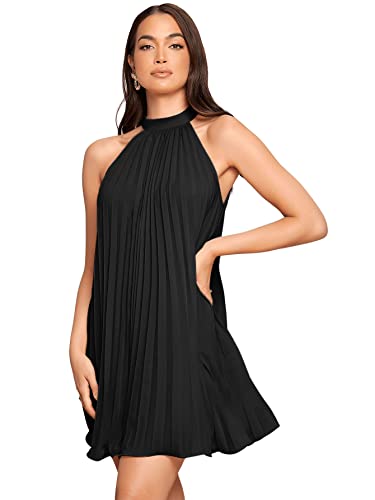 Sweatyrocks Women'S Sleeveless Tie Back Halter Dress Mini Swing Pleated A-Line Skater Dress Solid Black M thumb #3