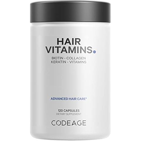 Codeage Hair Vitamins 10000 mcg Biotin, Keratin, Collagen, Vitamin A, B12, C, D3, E, Zinc, Turmeric, Probiotics, Enzymes, Inositol - Hair Care Support - Healthy Hair Supplement Pills - 120 Capsules Cover