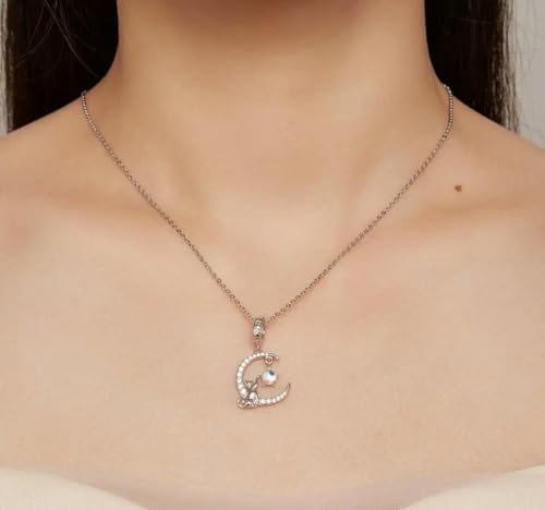 Collier lune et chat argent 925 pendentif ras de cou ajustable - 4