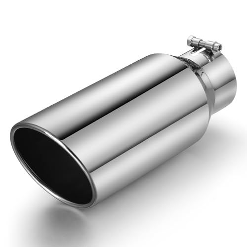 Image of Exhaust Tip 4 inch Inlet 6 inch Outlet 15 inch Long, High Performance Stainless Steel, Rustproof Polished Finish, Rolled Angle Cut, Bolt-On Diesel Tail Pipe, Universal for Car Truck