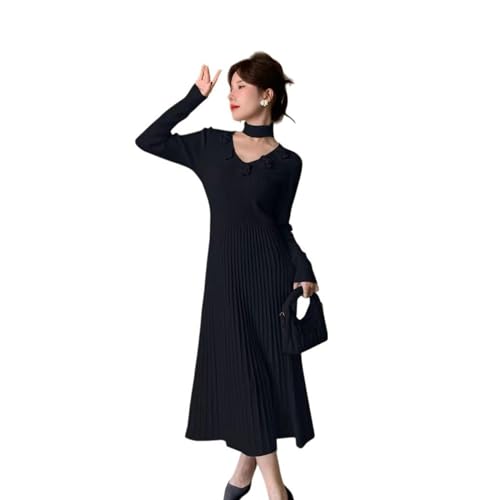 Robe en tricot noir fleurie col V finie la maille qui gratte