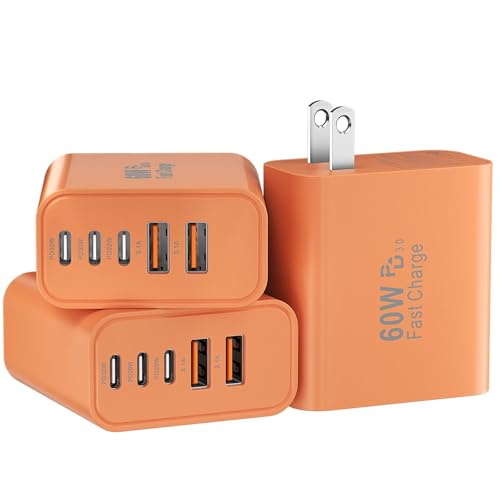 Image of USB C Fast Wall Charger Block, 3Pack 60W USBC Charging Cubes, 5-Port PD+QC Power Adapter Multiport Brick Type C Box Plug for Phone 17 /16 /15 /14 /13 /12 /11 /Pro Max /Plus, Pad Mini /Pro /S25 /S24-Orange