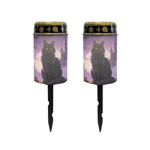 Image of Poceacles Solar Lights Outdoor Waterproof Cemetery Solar Outdoor Candle Grave Decoration Votive Candles Blessed Lights for Loss of Loves One, Black Cat Maple Leaf Bat Print Violet, Pack of 2