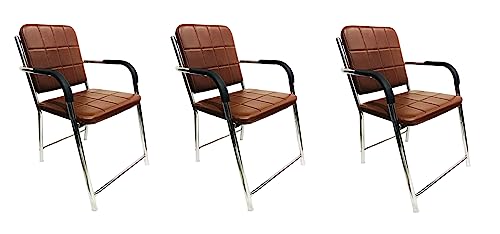 Image of Office Chair Visitor Chair with arm Rest with Steel Frame and Cushioned seat Back, Chair Without Wheels Holds up to 110 kg Heavy Design (3, Brown, Standard)