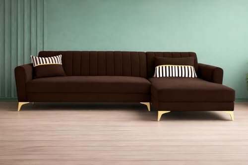 Image of Adorn India Premium Luster 6 Seater L Shape Sofa Set | Velvet Suede Fabric | 3-Year Warranty | RHS |Color Brown with Golden Legs & Striped Pattern Cushion
