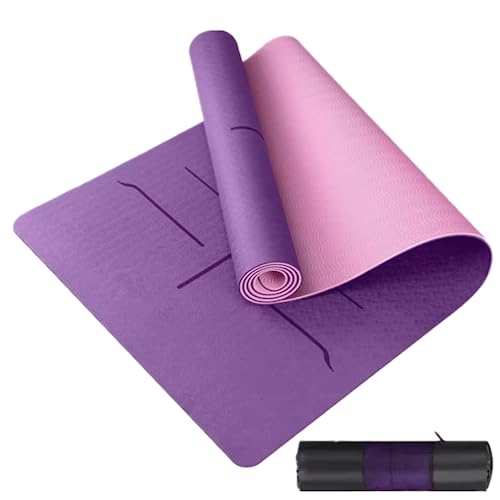 Esterilla Deporte Yoga Pilates Fitness Colchoneta TPE Gimnasia Antideslizante Esterilla yoga con líneas 183x61cm con Funda (Morado)