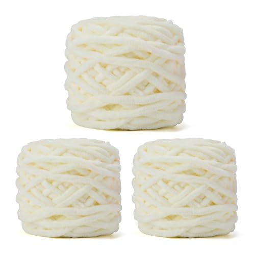 Image of INNDUN Blanket Yarn 3 Pack of 100g /3.5oz - Cream Chenille Yarn 6 Super Bulky - Knitting, Crocheting & Crafts Chunky Yarn