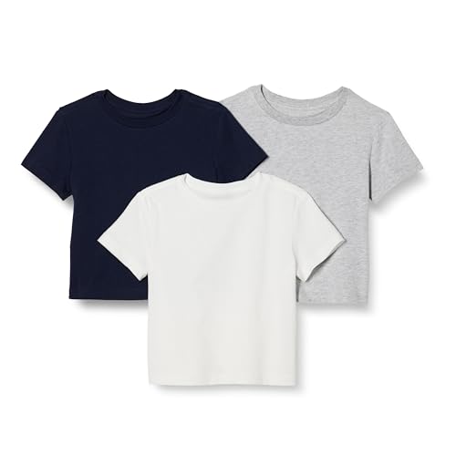 Amazon Essentials Camisetas de algodón Niño, Pack de 3, Azul Marino/Blanco/Gris Claro Mezcla, 5 años