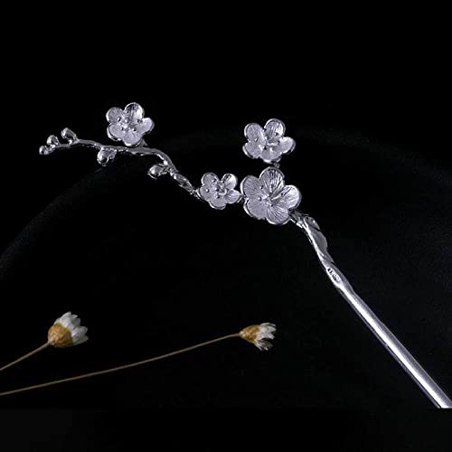 Baguettes chinoises en argent S925 pour chignon de mariée au motif fleur de prunier
