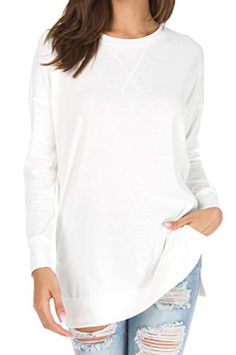 Womens Fall Long Sleeve Sweatshirt Side Split Loose Casual Tunic Tops White XL