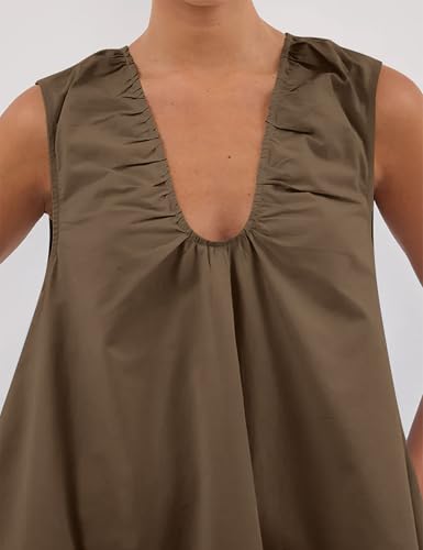 Image of Women Summer Sleeveless Babydoll Mini Dress Scoop Neck Loose Fit Tank Dresses Party Ruched Short Dress with Pockets