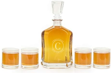 Personalized Glass Decanter Set (Circle Design) - Engraved 23 oz Liquor Bottle & 4 Glasses - Choose from 6 Monogram Designs - Unique Gift for Him