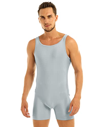Daenrui Mens One Piece Wrestling Singlet Sports Bodysuit Stretchy Gymnastic Leotard Tank Jumpsuit Unitard Silver-gray Large