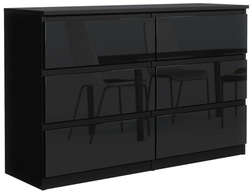 MebLocker Commode 6 Tiroirs Noir Brillant 120 cm - Design Minimaliste - 120 x 39 x 78,5 cm - Meuble de Rangement Spacieux pour Chambre, Salon ou Bureau