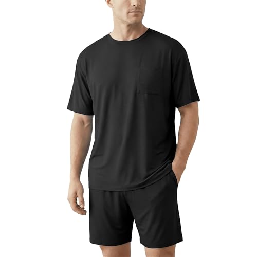 EPOPLAR Mens Pajamas Set Cooling Viscose Made from Bamboo: Soft Lightweight Summer Sleepwear Short Sleeve Shirt and Shorts(L Black)