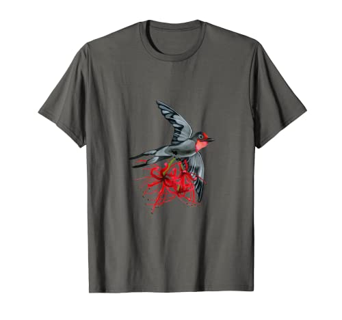 Swallowtail in flight with red spider lilies bird wings air T-Shirt -  Swallowtail birds with filigree and flowers, W8XSGE0YX1S
