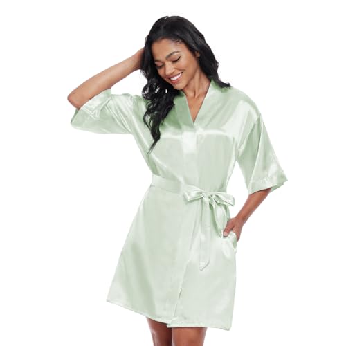Image of Women's Short Satin Robes Lightweight Silky V-Neck Sleepwear Wedding Bridal Party Bride Bridesmaid Bathrobes