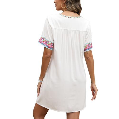 Image of Grosy Fiesta Embroidered Mexican Dress for Women Beach Vacation Plus Size Short Sleeve Summer Boho Dresses with Pocket