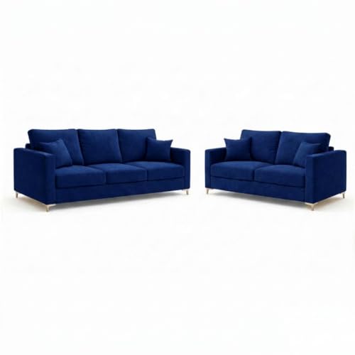 Image of Hayes Rich Velvet Suede 3 Seater + 2 Seater Sofa | Golden Aesthetic Legs | 6 Person Seating Capacity | Spacious Soft Touch Comfort | Modern Living Room Sofa (Dark Blue)