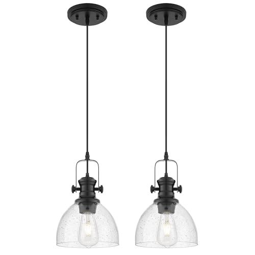 Image of 2-Pack Black Pendant Light Kitchen Island, 7.5 inch Seeded Glass Shade | Farmhouse Vintage Hanging Light Fixture for Dining Room, Clear Seeded Glass, Adjustable Cord, E26 Base, AD-22151-1P2-BK
