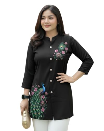 Kevin Women Rayon Peacock & Flower Print Short Kurti for Women | Stylish Casual Ethnic Tunic Top