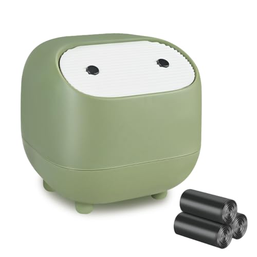 Image of Mini Trash Can, Cute Small Trash Can with Lid, Desktop Paper Bin with 90 of Bin Liners, Portable Tabletop Dustbin, Cartoon Animal Rubbish Storage for Office Bedroom Desk Car Kitchen(Green)