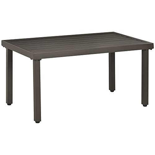 Outsunny Couchtisch, Gartentisch mit Holzoptik, Rechteckiger Kaffeetisch, Gartentisch für Balkon, Terrasse, Stahl, Braun, 91 x 51 x 46 cm