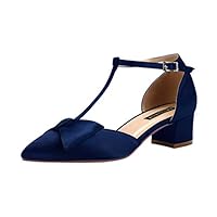 ERIJUNOR Sapatos de salto baixo grossos confortáveis para mulheres, bico fino, tiras em T, sapatos de cetim para noite e casamento, Azul marino, 36