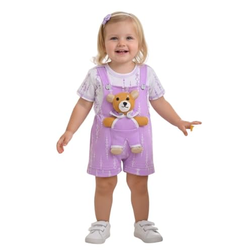 Image of A.T.U.N. (ALL THINGS UBER NICE) Baby Girls Cotton Denim Dungaree Set with 3D Teddy Bear Design |Printed T-Shirt with Adjustable Straps | Stylish & Comfortable Daily Outfit for Baby Unisex