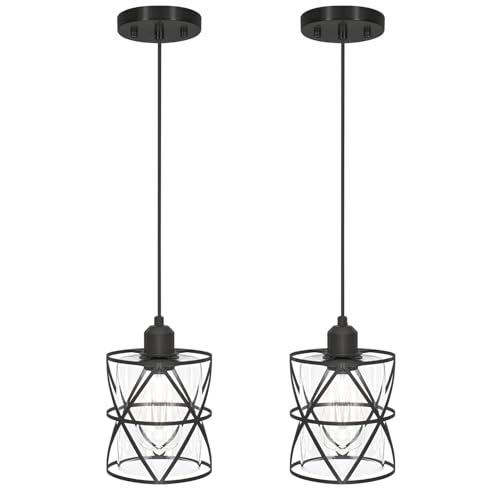 DSMJFU 2 Pack Black Pendant Lights, Modern Clear Glass Adjustable Hanging Lighting for Kitchen Island Bedroom Bathroom Entryway Hallway, E26 Base Ceiling Pendant Light Fixtures