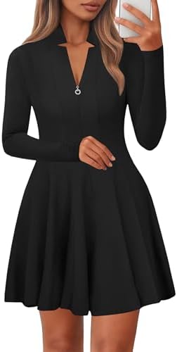 Lazysmile Fall Dresses for Women 2025 Long Sleeve V Neck Half Zip A Line Swing Casual Party Club Mini Short Dress