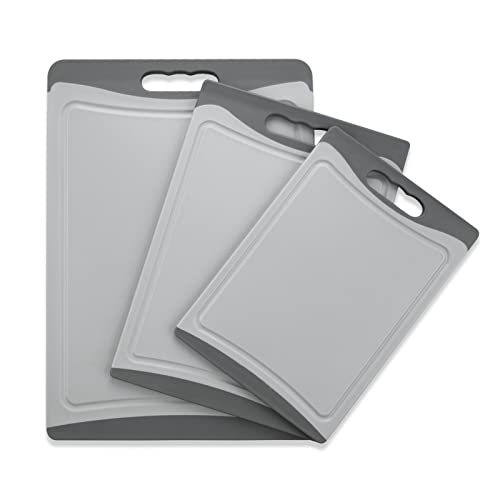 Cibeat Lot de 3 planches à découper en plastique avec rainures de jus et poignée de transport, planche à découper de cuisine lavable au lave-vaisselle Gris Cover